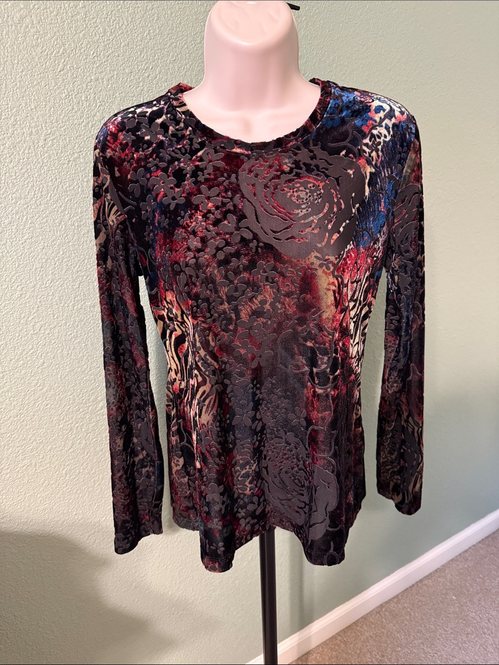 Chico's Long Sleeve Velvet Burnout Top - Black with Red & Blue Accents